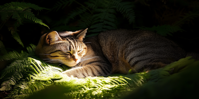 Sleeping Tabby Cat on Ferns