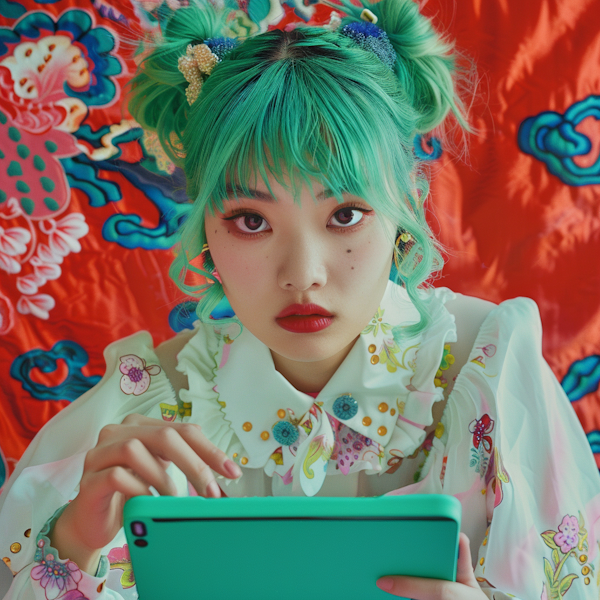 Eclectic Green-Haired Young Woman with Tablet