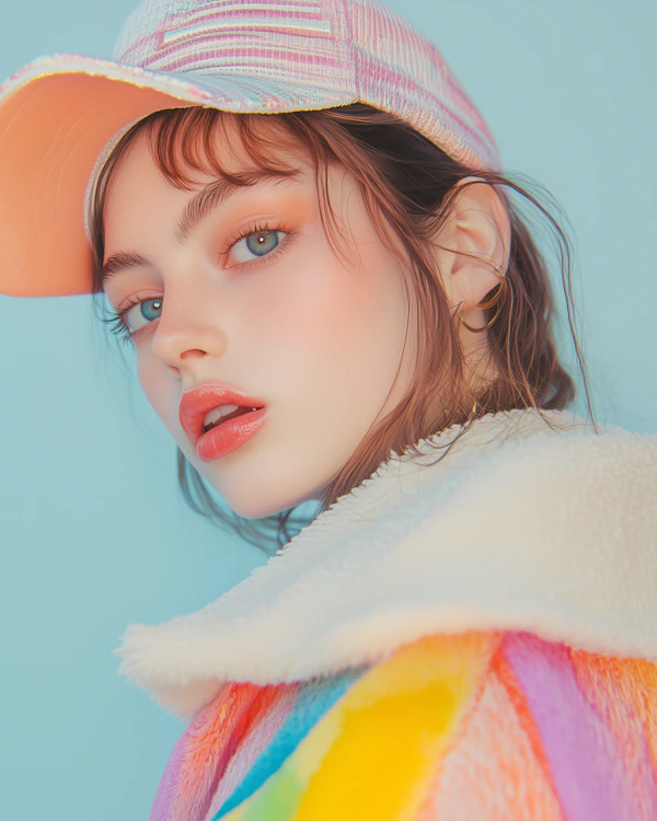 Trendy Young Woman in Pastel and Rainbow