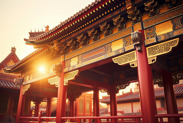 Tranquil Sunrise over Ornate Chinese Temple