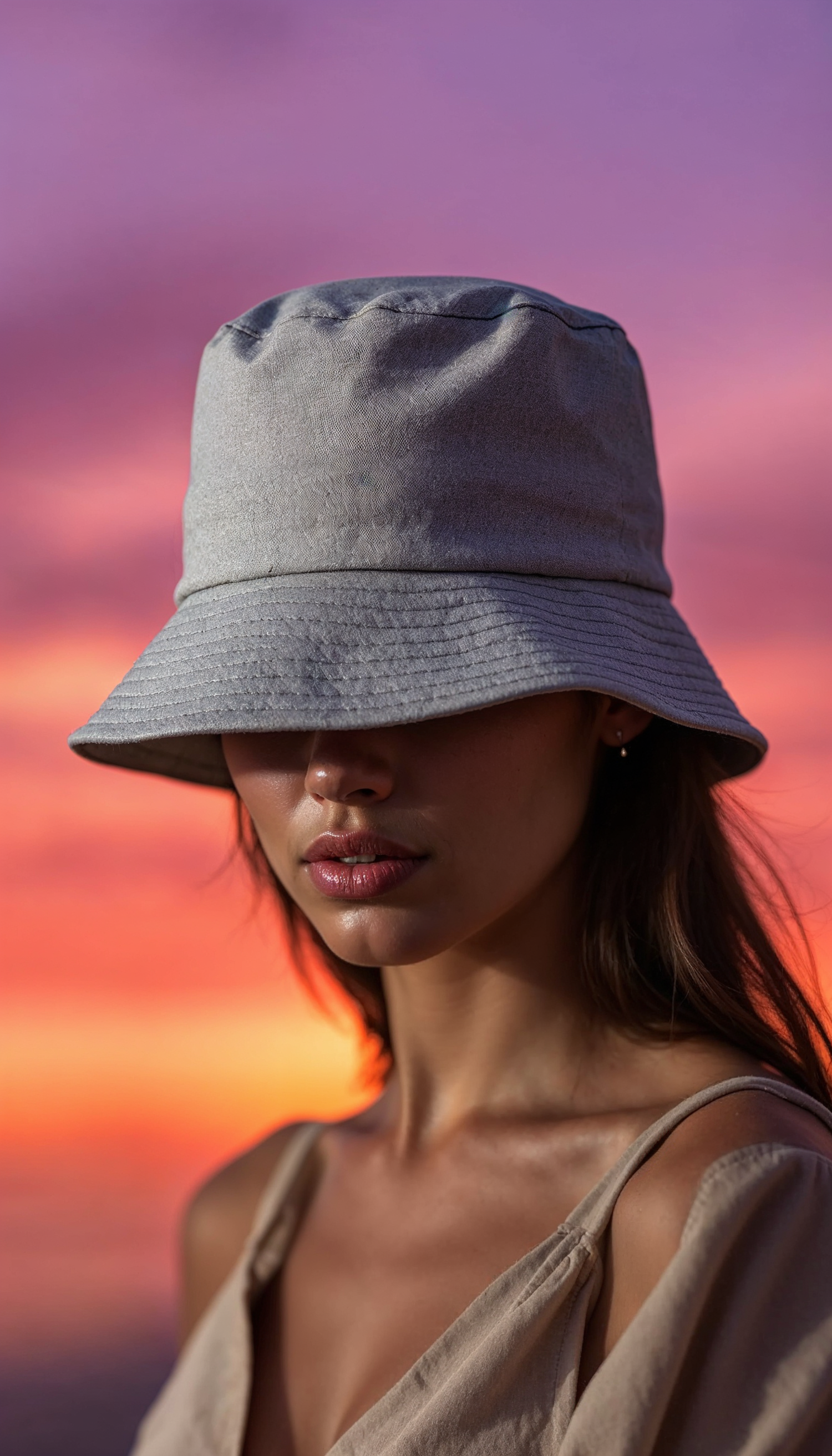 Woman in Gray Bucket Hat