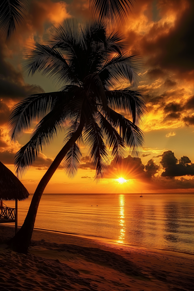 Serene Sunset Beach with Palm Tree