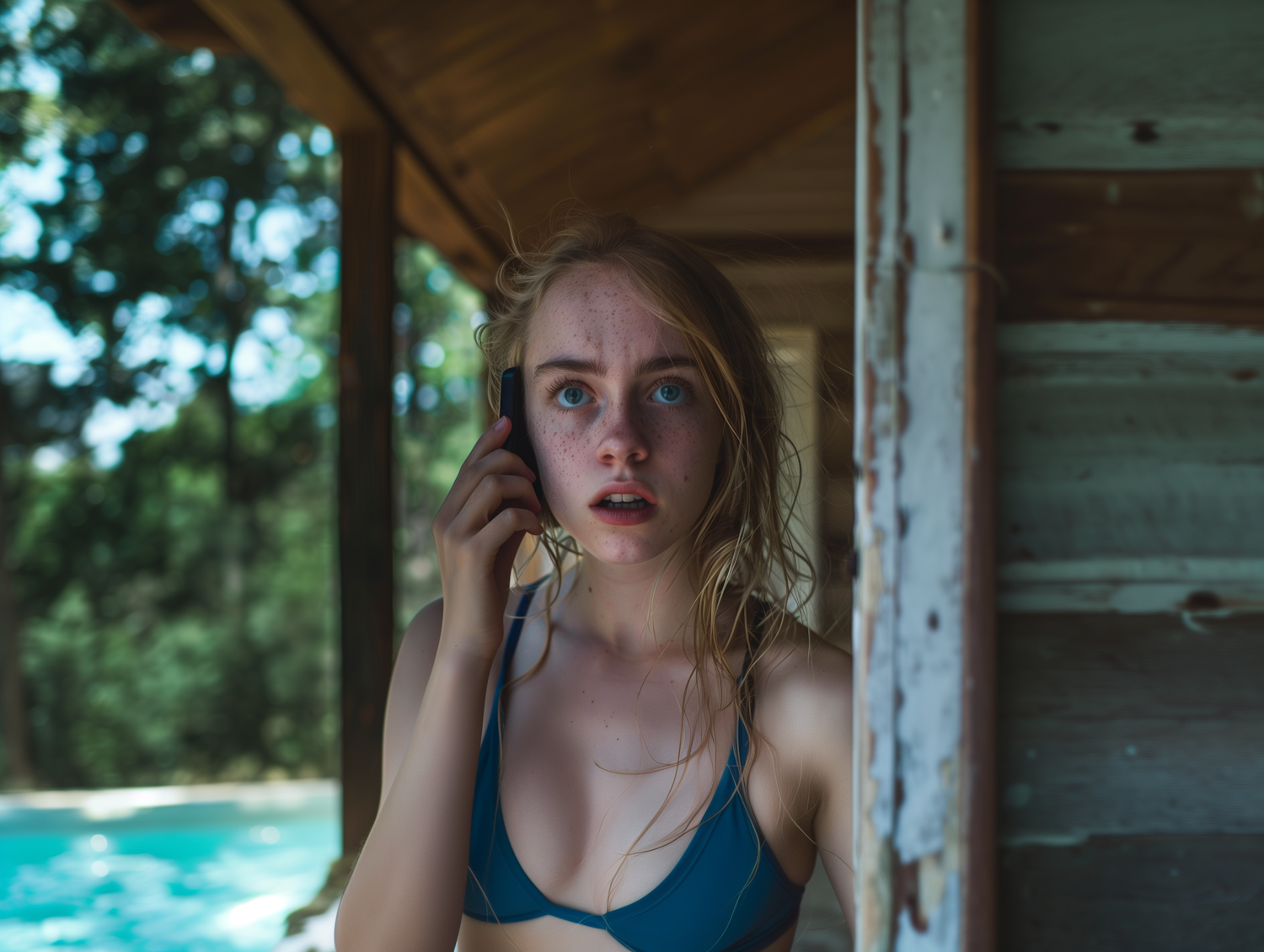 Concerned Young Woman on Call in Wooden Interior