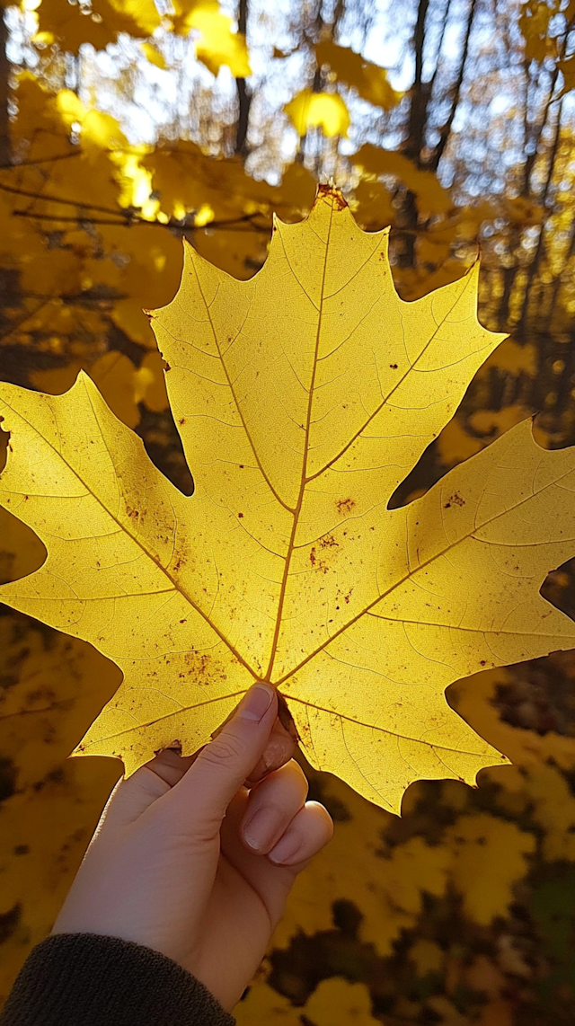 Close-up of Hand Holding Yellow Maple Leaf