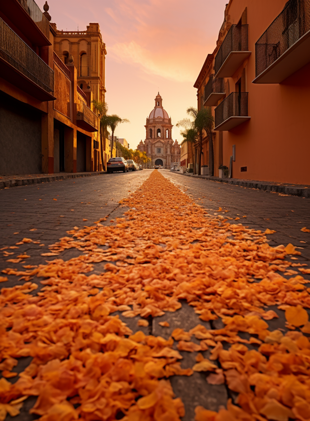 Golden Hour Serenity on Petal-Lined Cobblestones