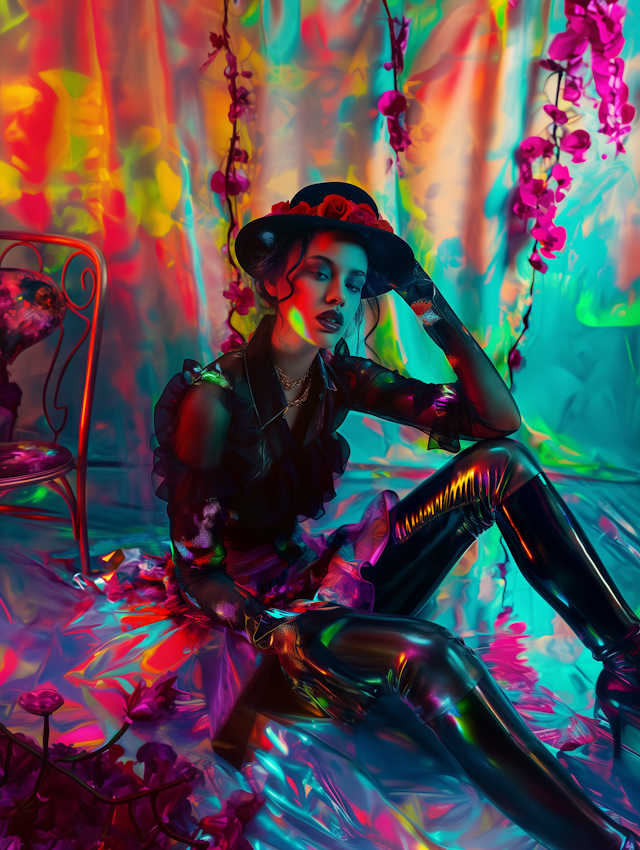 Stylish Woman in Colorful Dream-like Setting