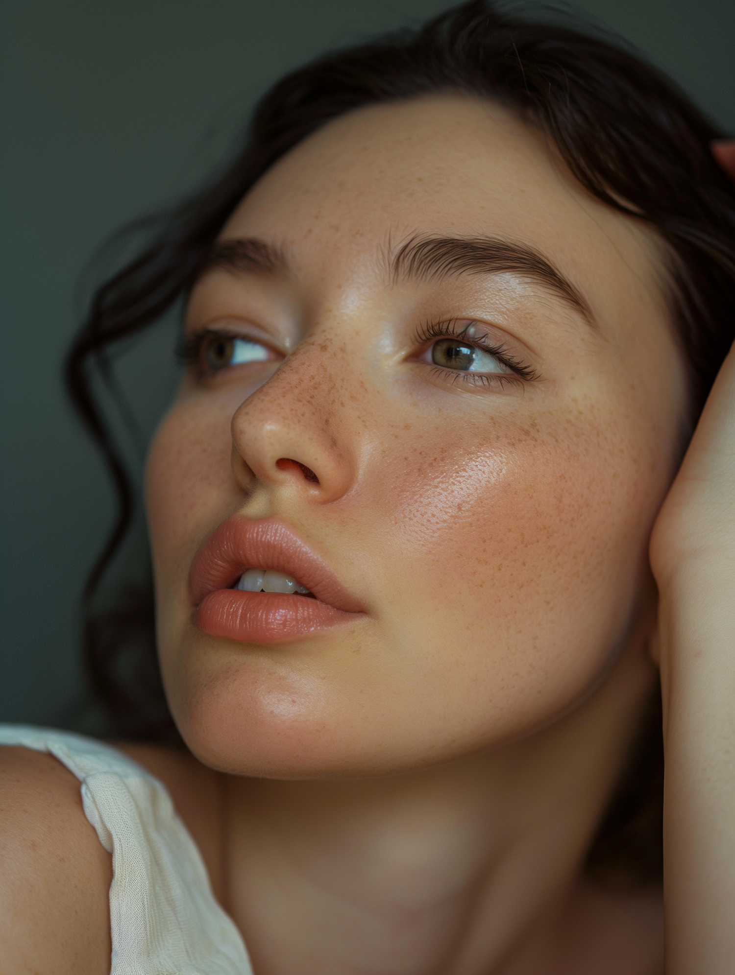 Contemplative Young Woman with Freckles