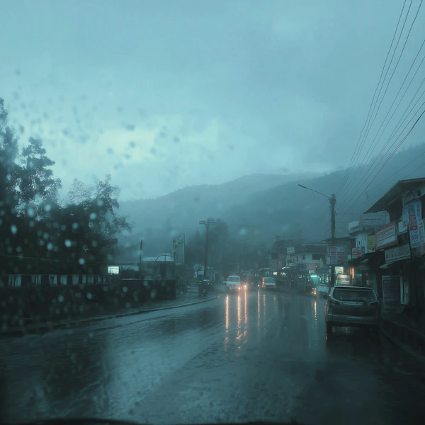 Rainy Street Through Glass