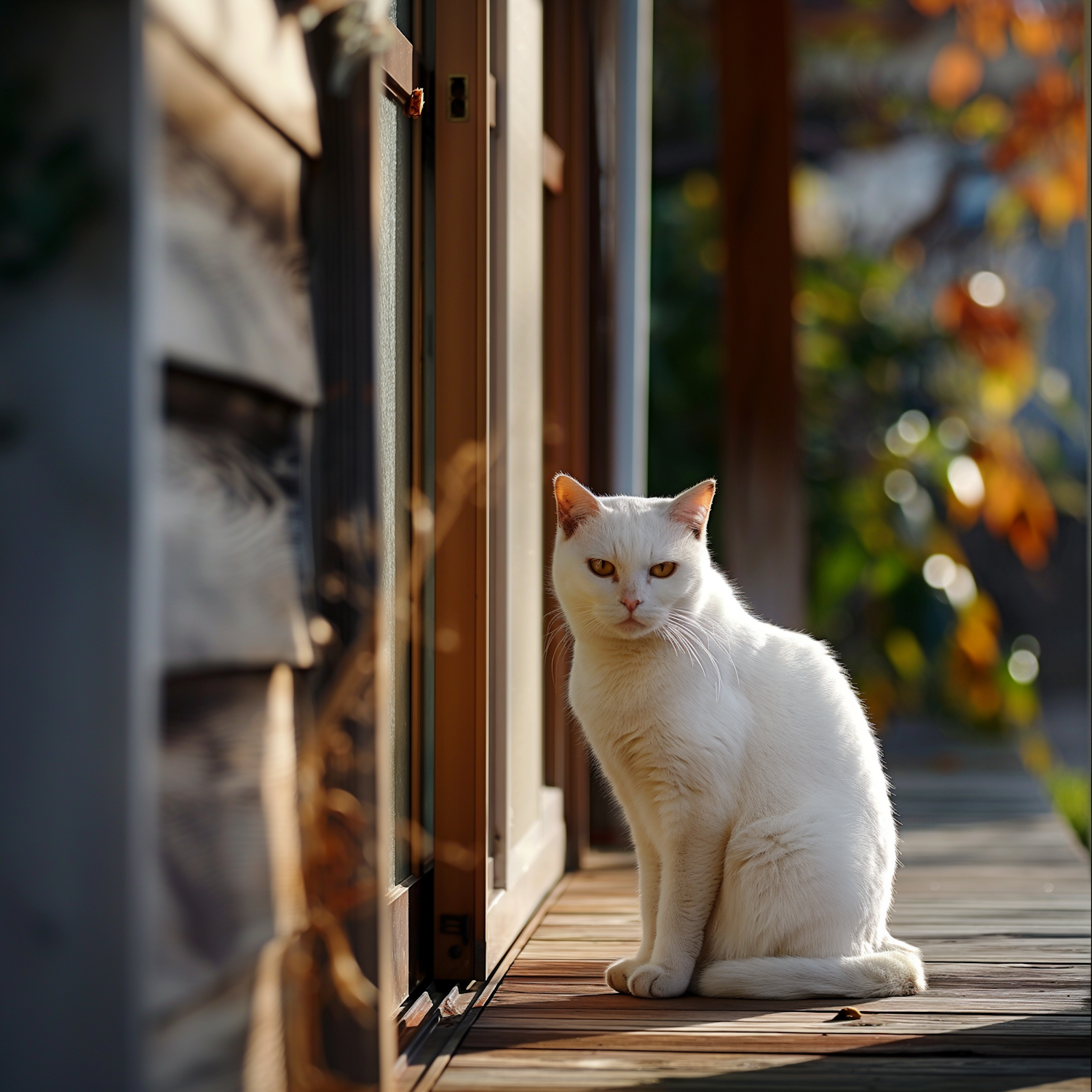 Serene White Cat on Wooden Deck