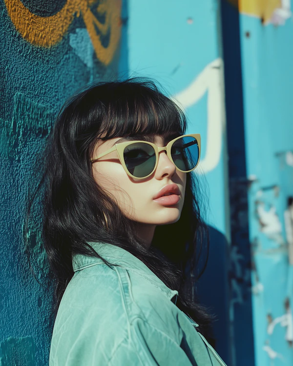 Woman with Sunglasses Against Graffiti Wall