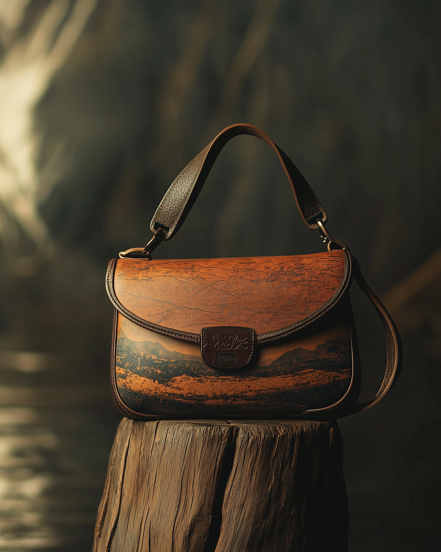 Elegant Handbag on Wooden Stump