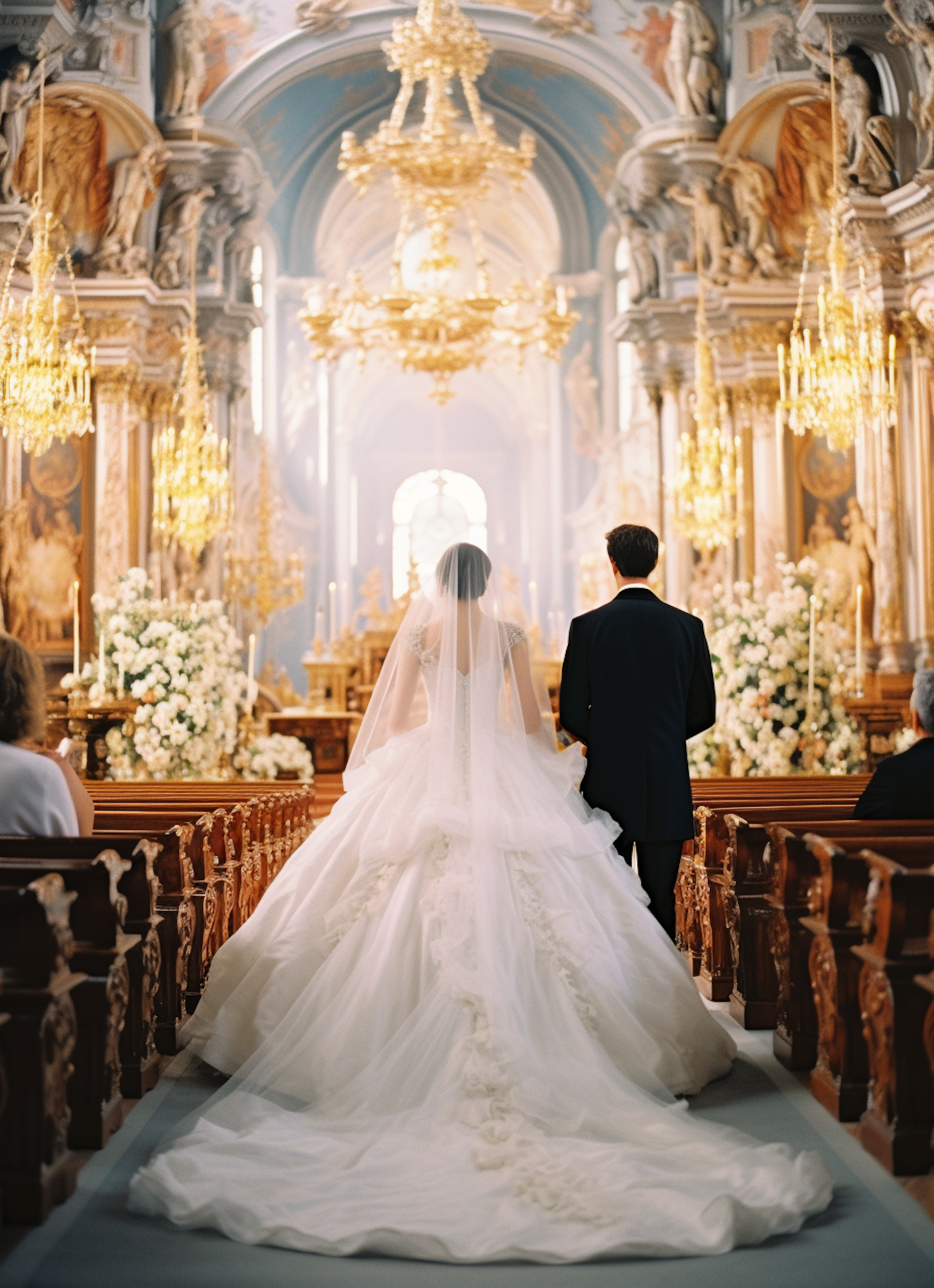 A Timeless Beginning: Bride and Groom in Grand Church Aisle