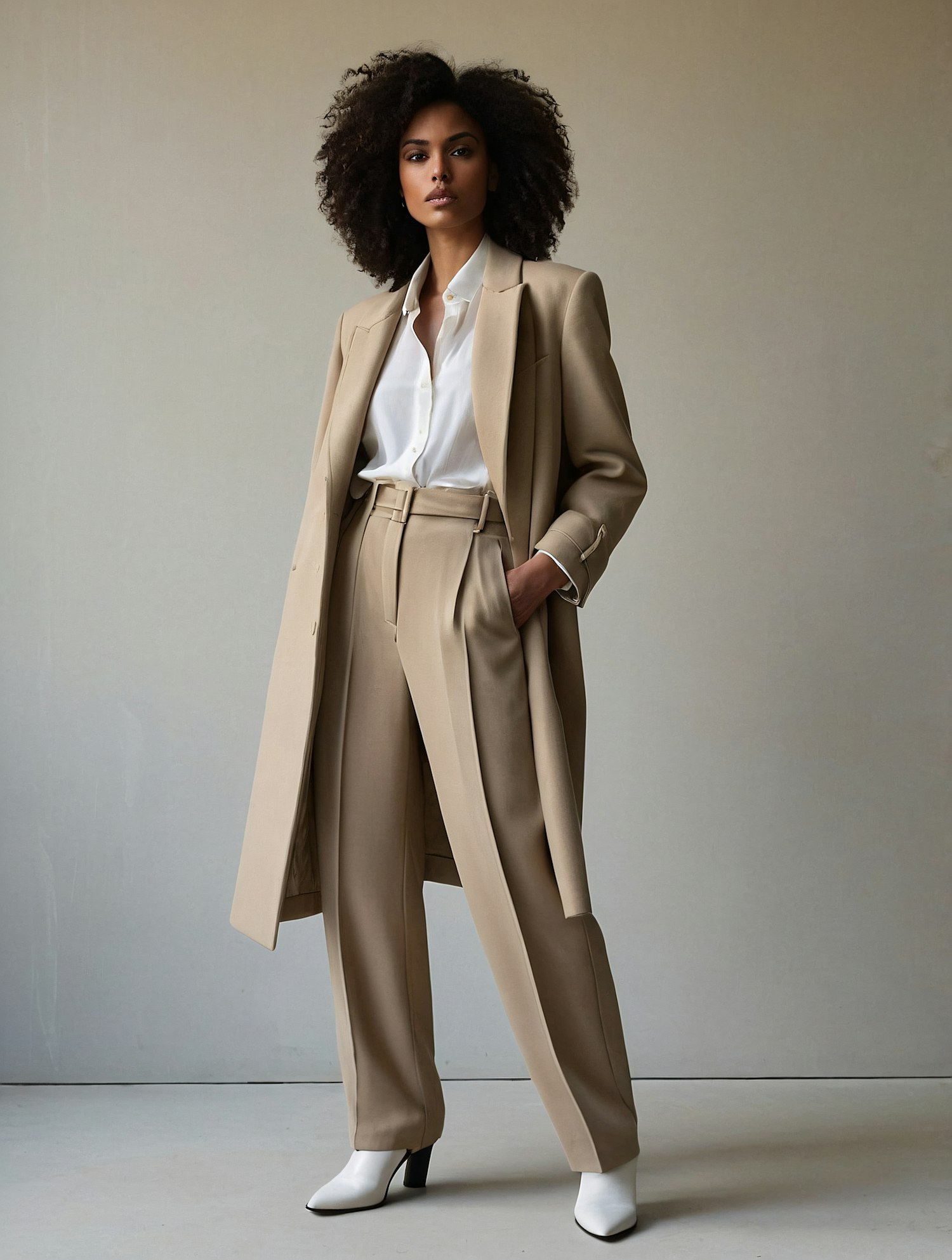 Woman in Stylish Beige Suit