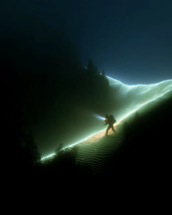 Hiker in Glowing Landscape