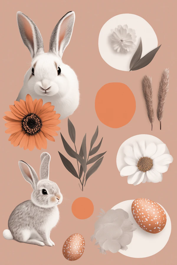 Rabbits with Flowers and Eggs