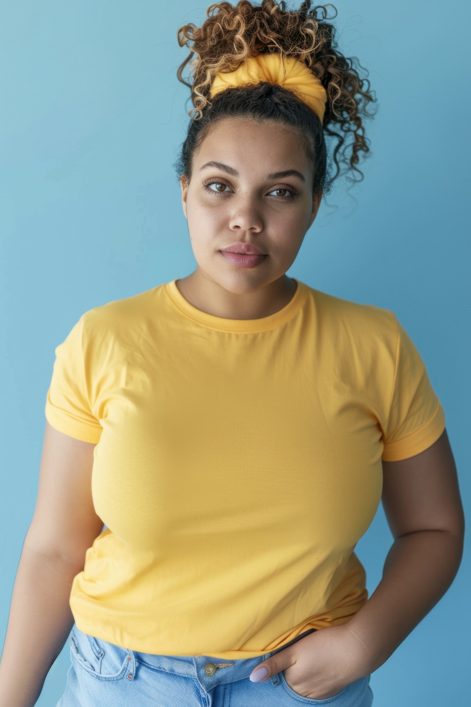 Person in Yellow T-shirt Against Blue Background