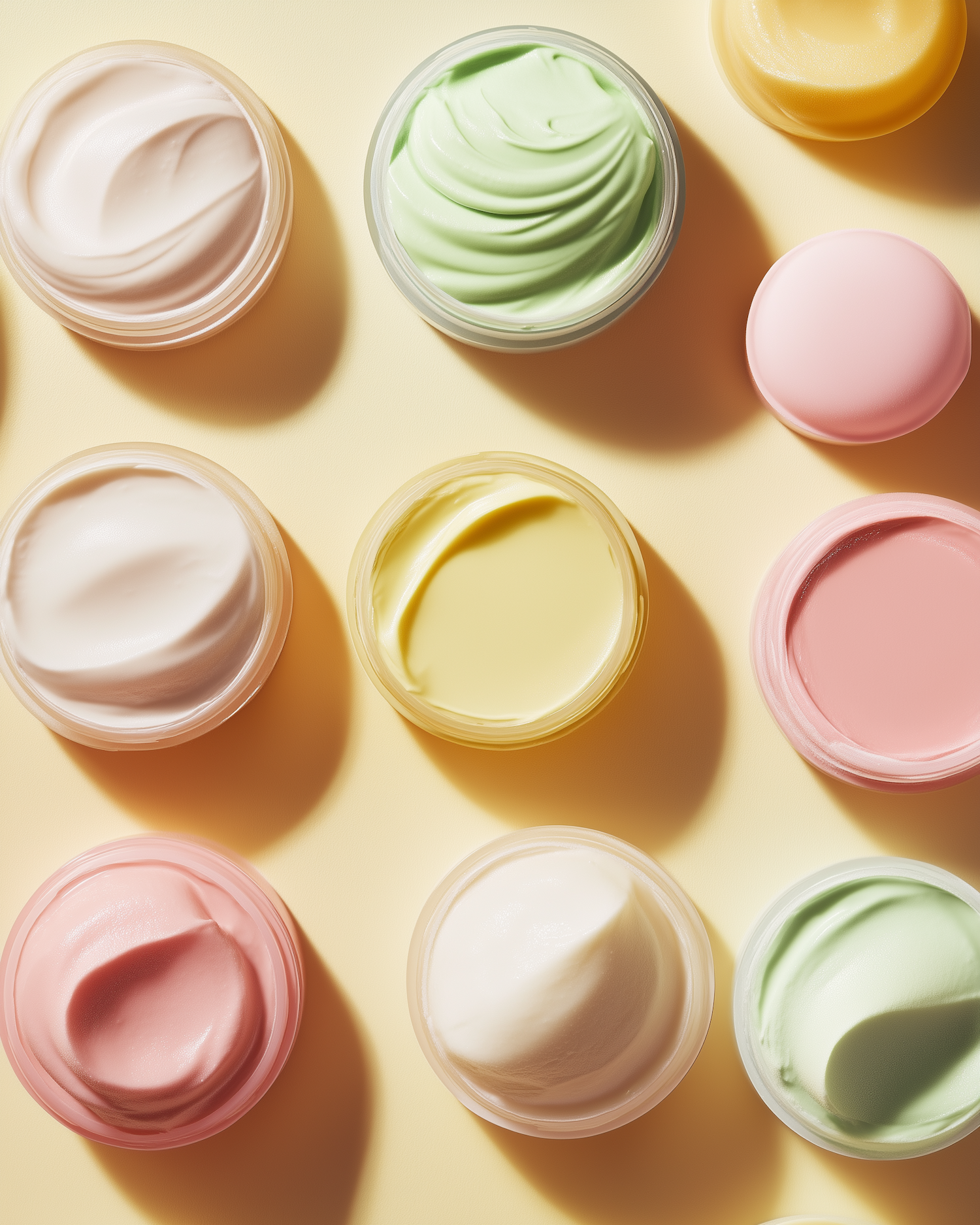 Colorful Cream Jars on Yellow Background