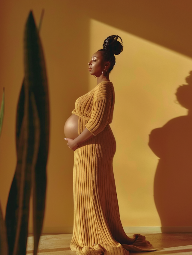 Serene Portrait of a Pregnant Woman in Mustard-Yellow Dress