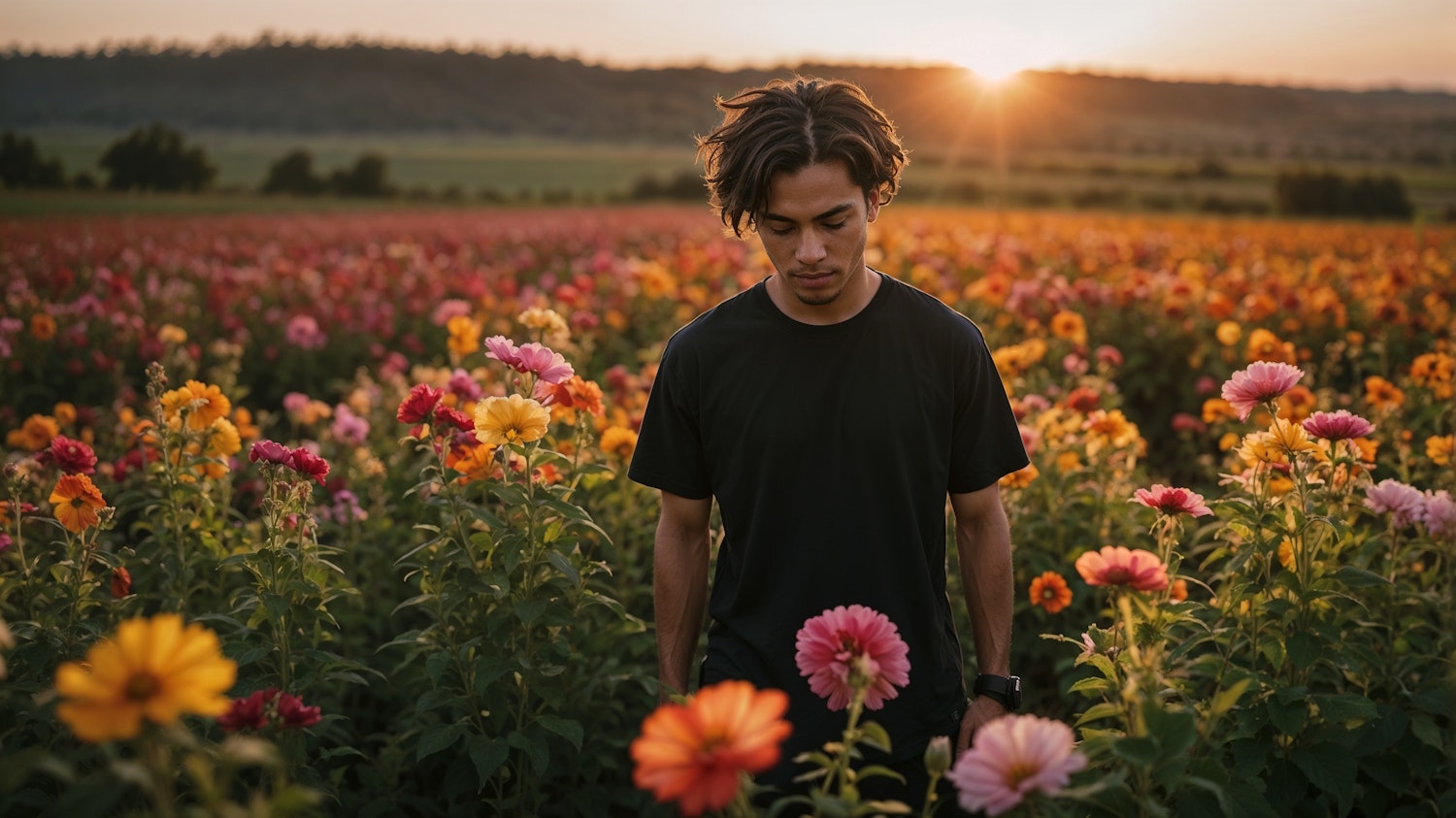 Contemplative Man in Flower Field