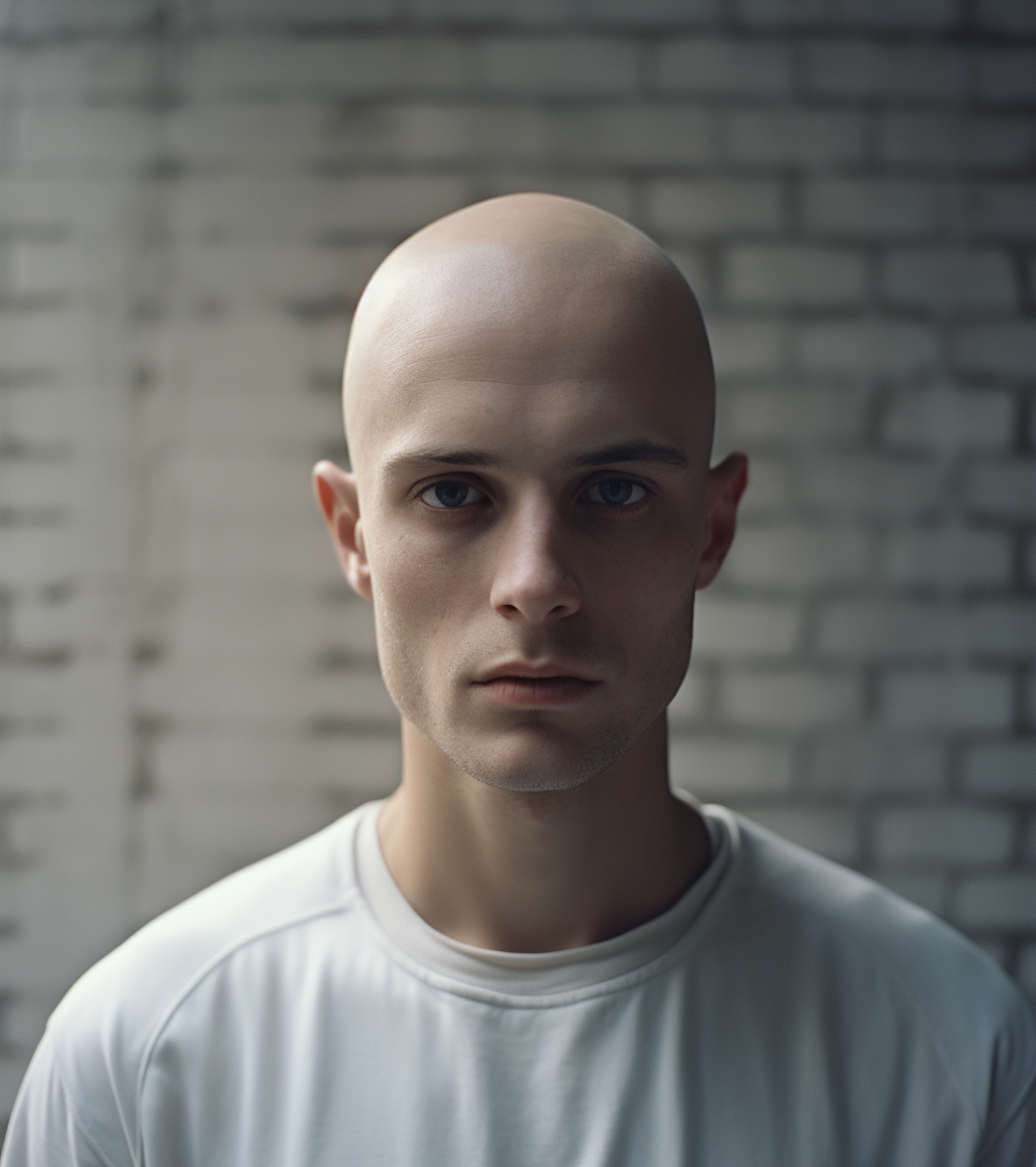 Pensive Blue-Eyed Man with Shaven Head