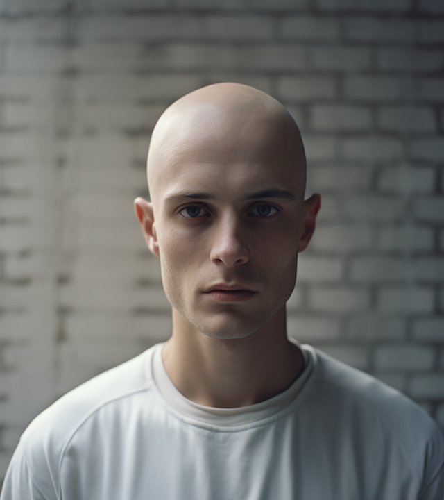 Pensive Blue-Eyed Man with Shaven Head