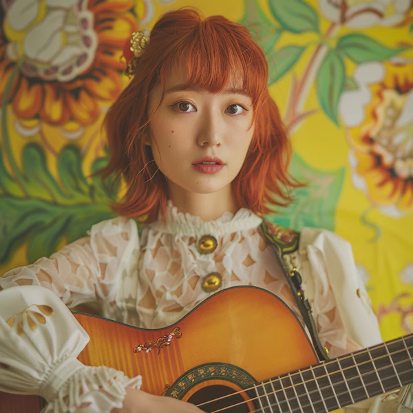 Introspective Guitarist with Floral Backdrop