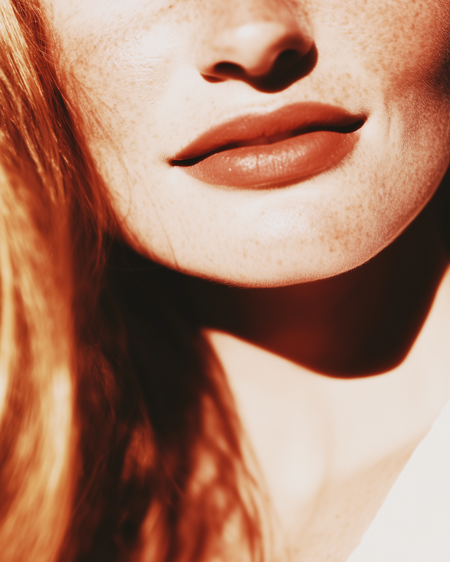 Close-up of Freckled Face with Red Lips