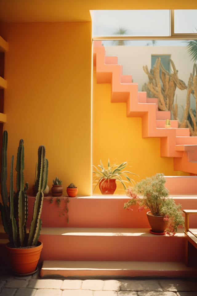 Sunlit Cacti Cascade on Pink Steps