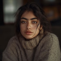 Contemplative Woman in Knitted Sweater