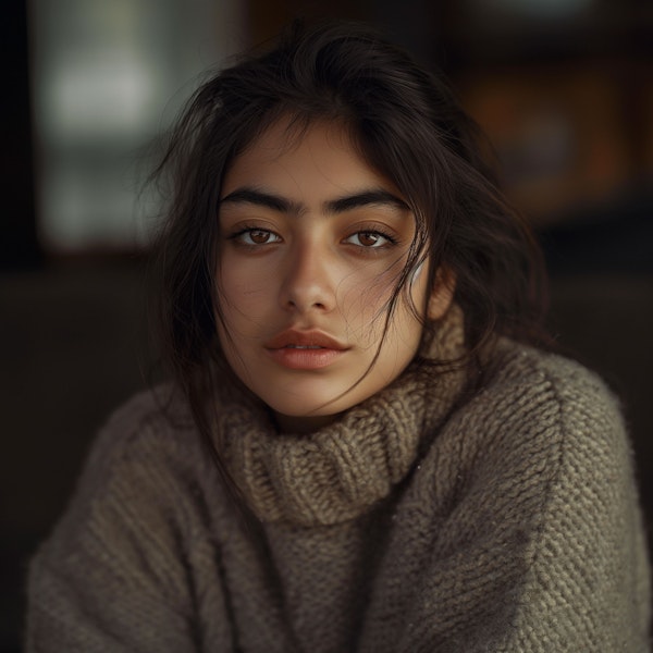 Contemplative Woman in Knitted Sweater