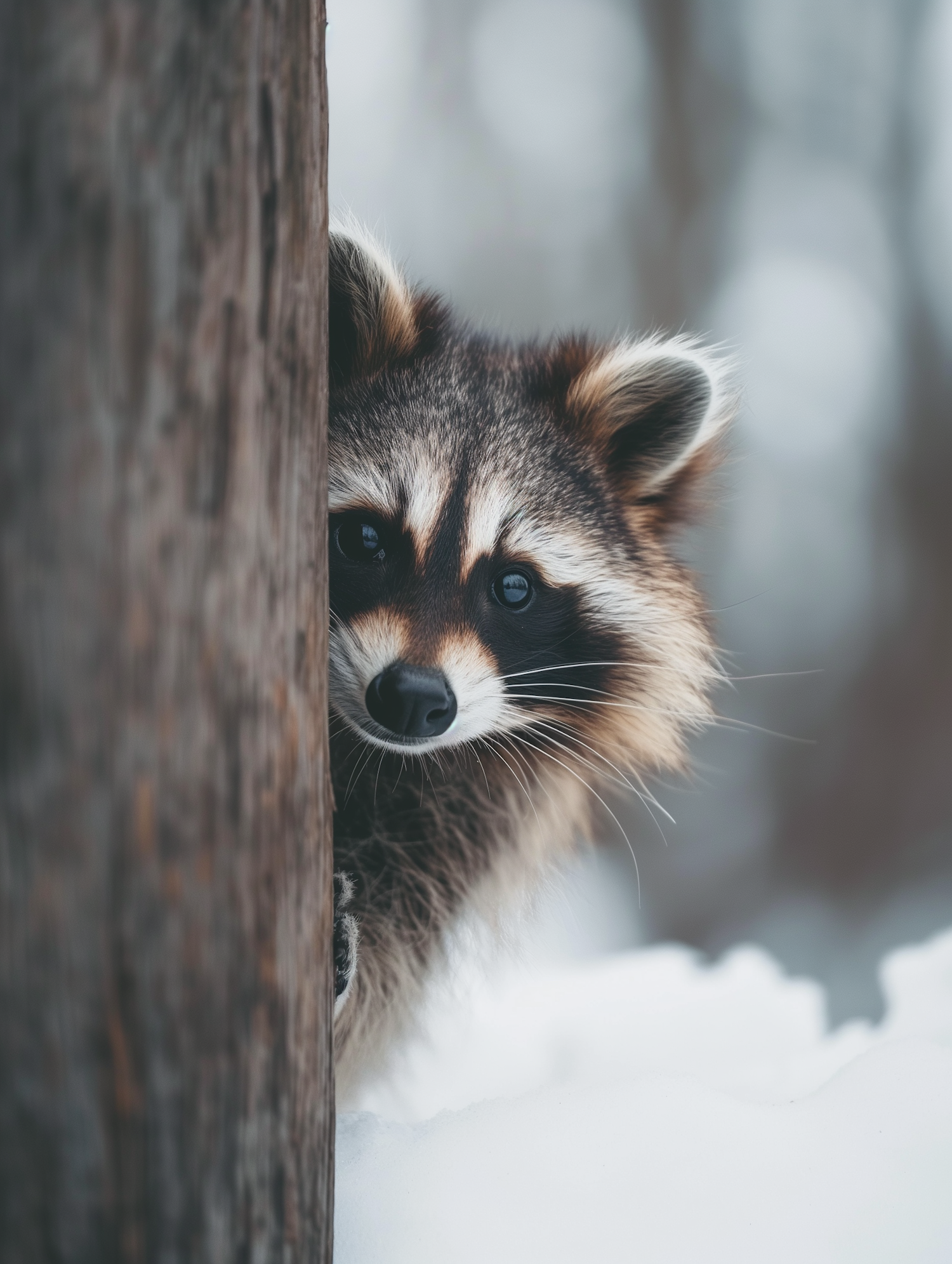 Peeking Raccoon in Snowy Woods