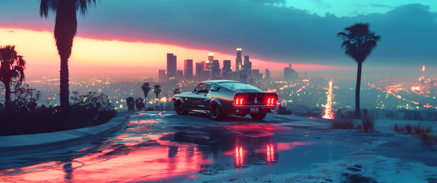 Twilight Cityscape with Classic Mustang