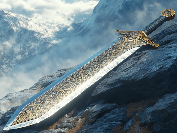 Ornate Sword in Mountainous Landscape