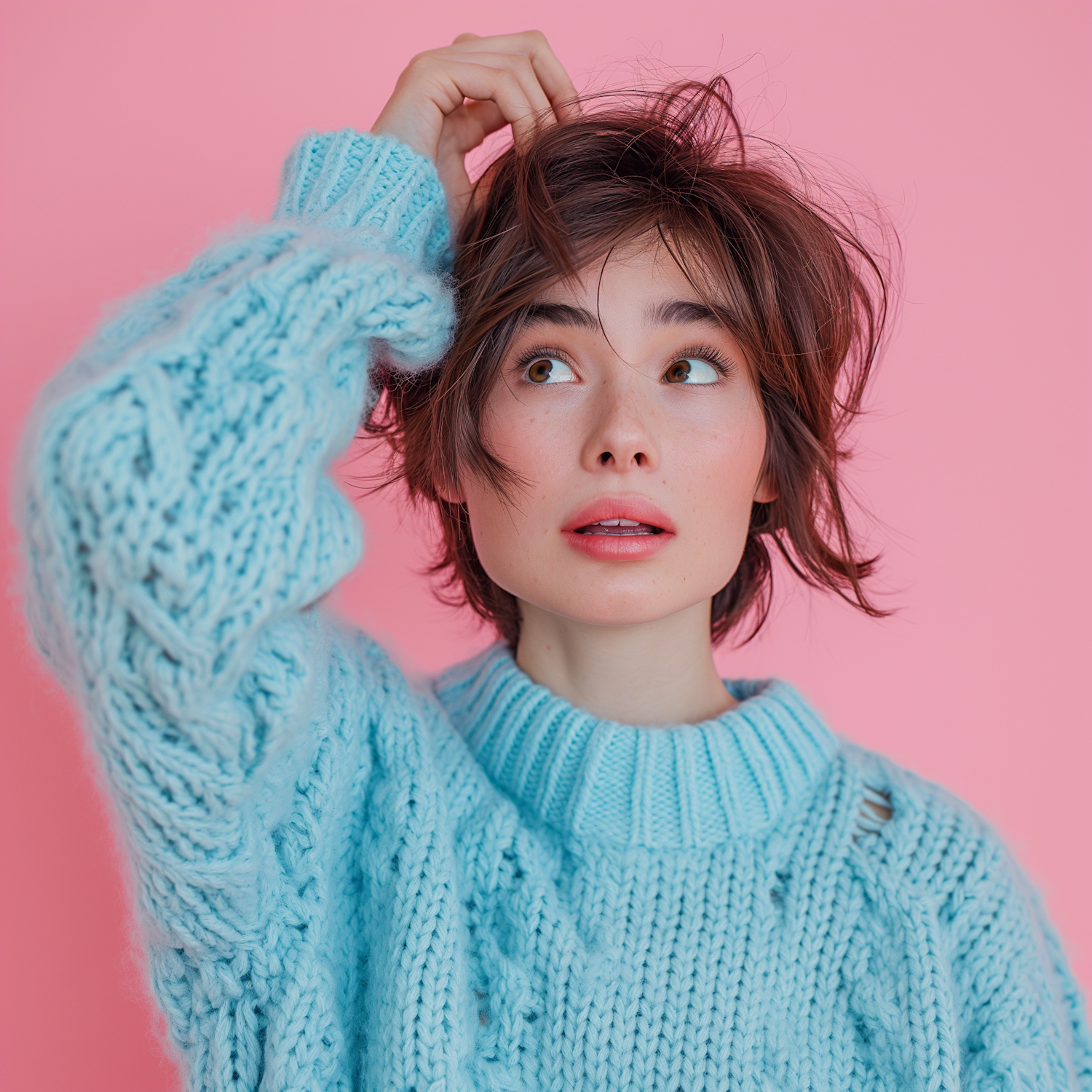 Young Woman with Playful Expression on Pastel Background