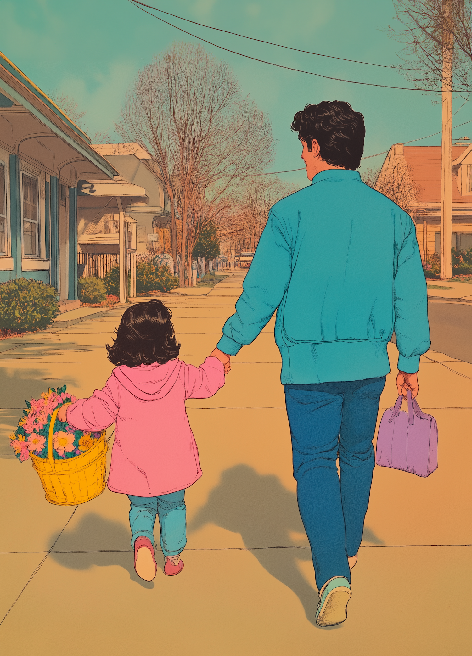 Man and Young Girl Walking in Suburban Neighborhood