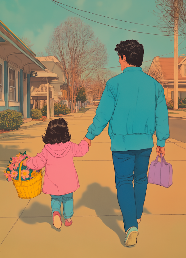 Man and Young Girl Walking in Suburban Neighborhood