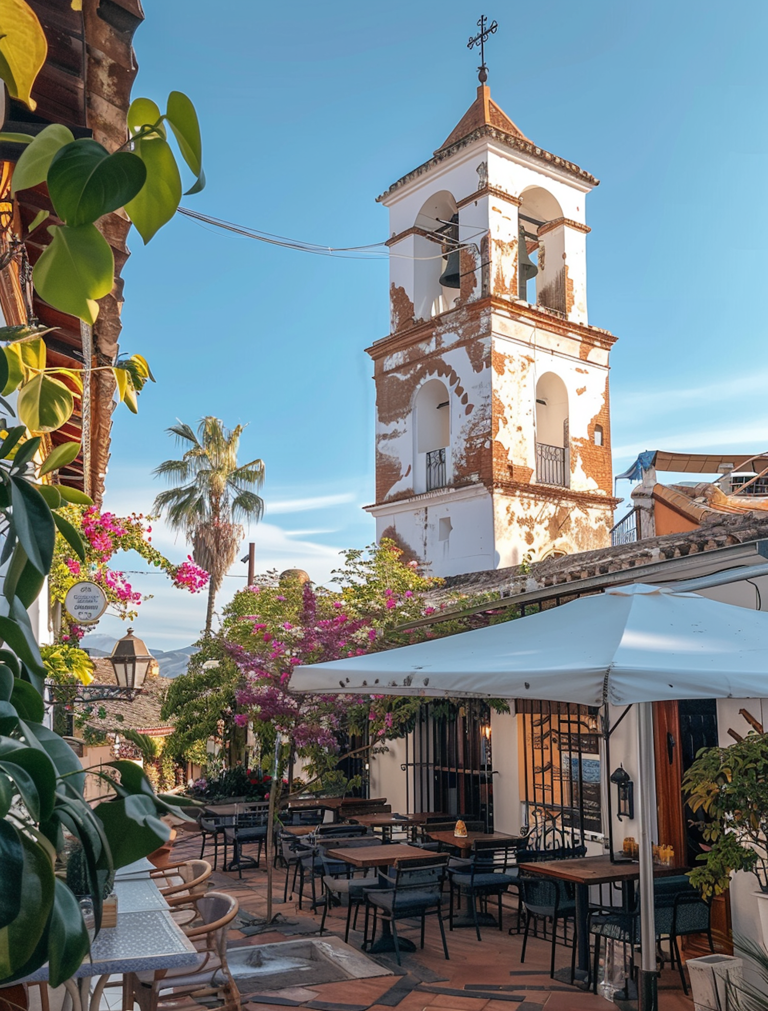 Charming Outdoor Cafe near Historic Bell Tower