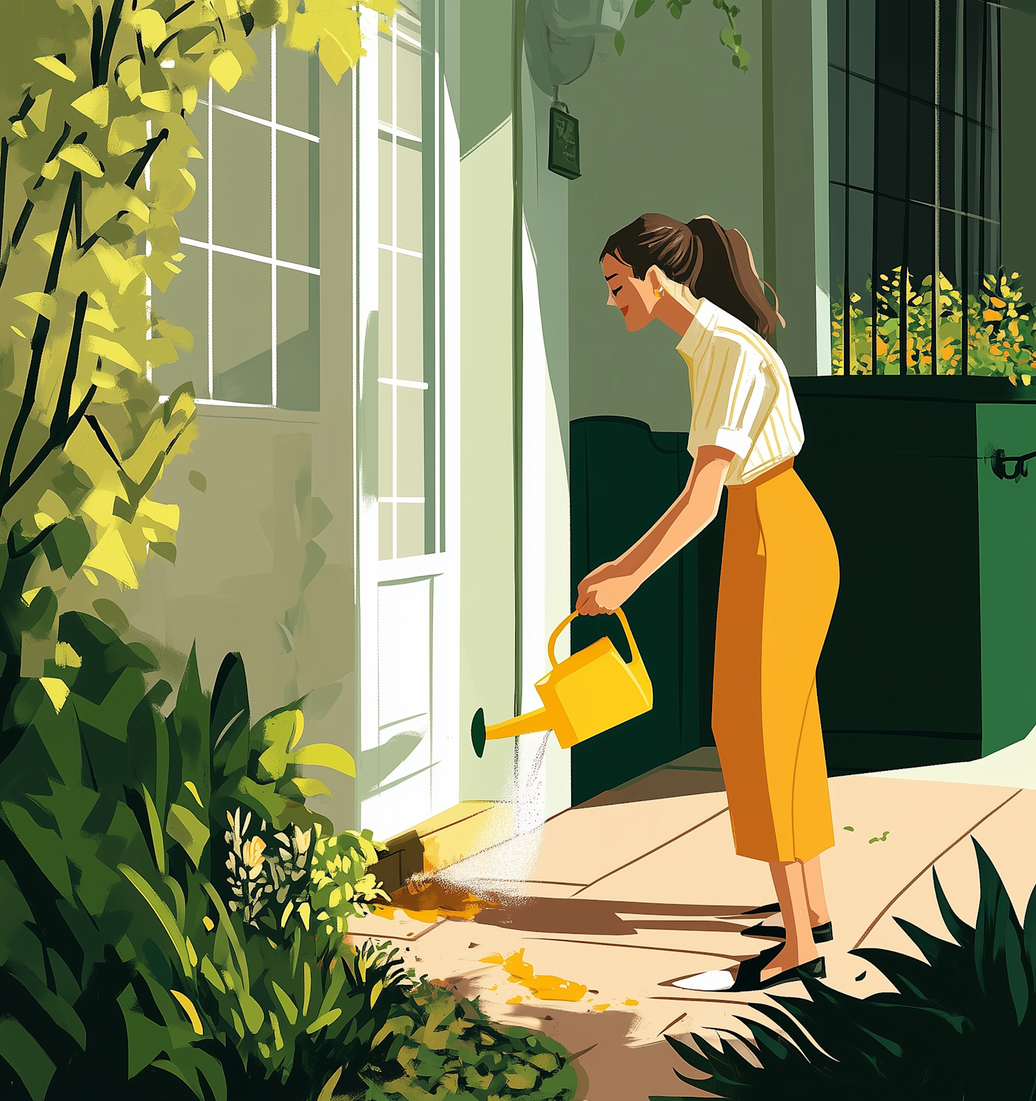 Stylized Illustration of Woman Watering Plants