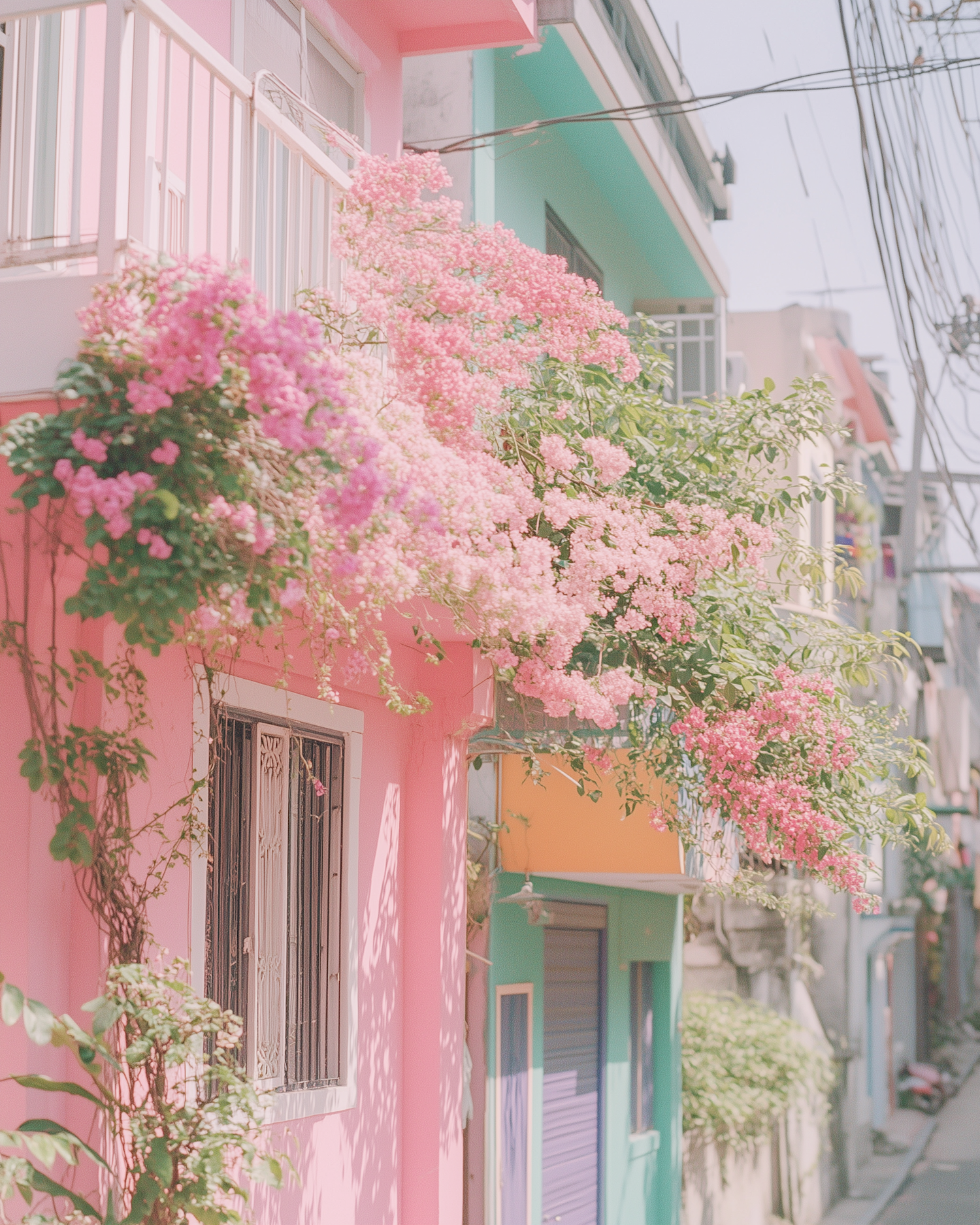 Vibrant Street Scene with Pink Building