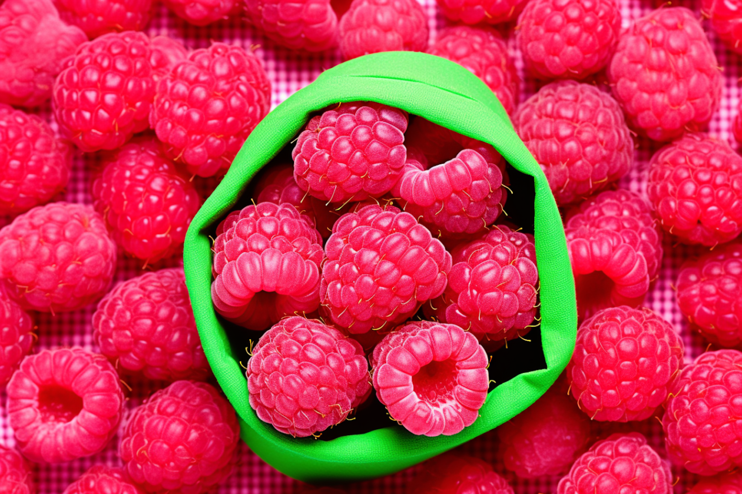 Vibrant Harvest: Fresh Raspberries in a Green Container