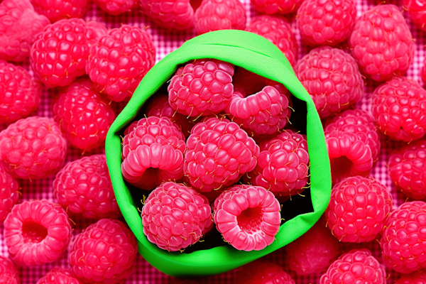 Vibrant Harvest: Fresh Raspberries in a Green Container