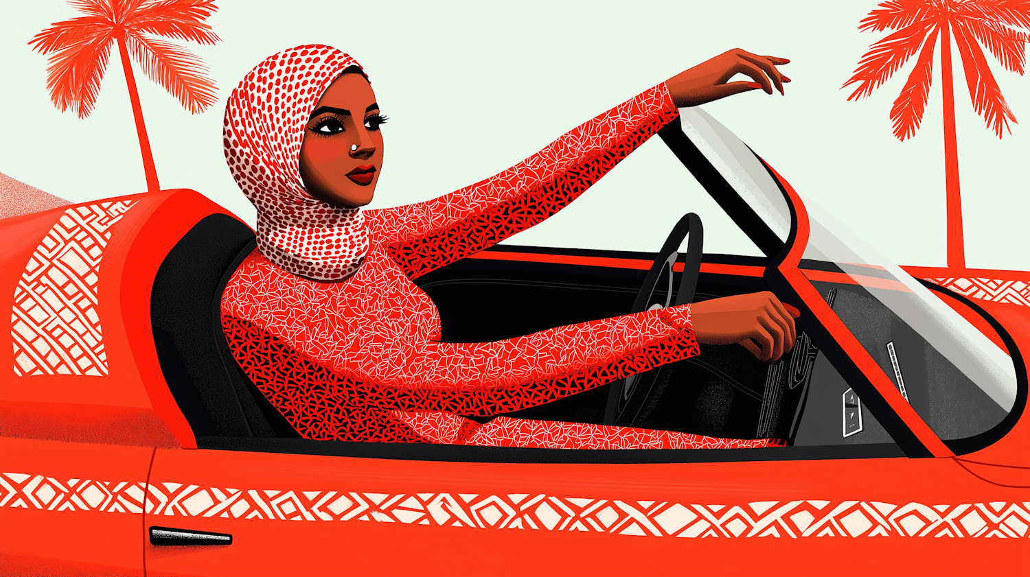 Stylized Illustration of Woman Driving Convertible