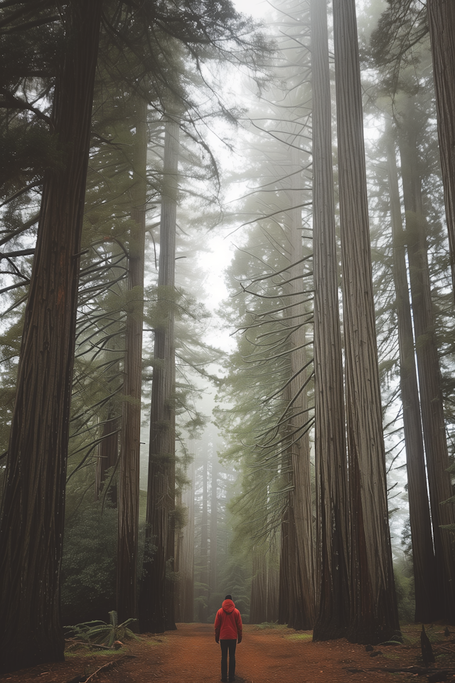 Misty Forest Path with Red-Jacketed Person