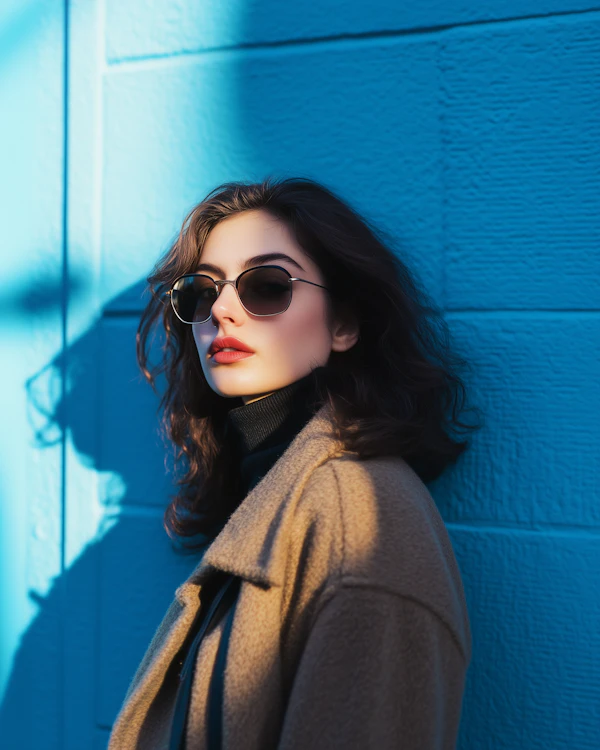 Stylish Woman Against Blue Wall