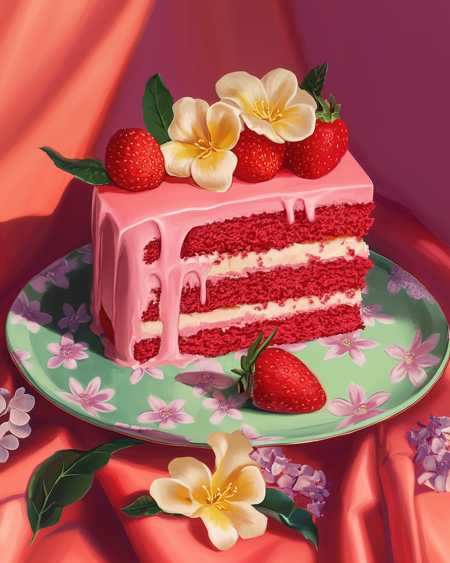 Red Velvet Cake with Strawberries and Flowers