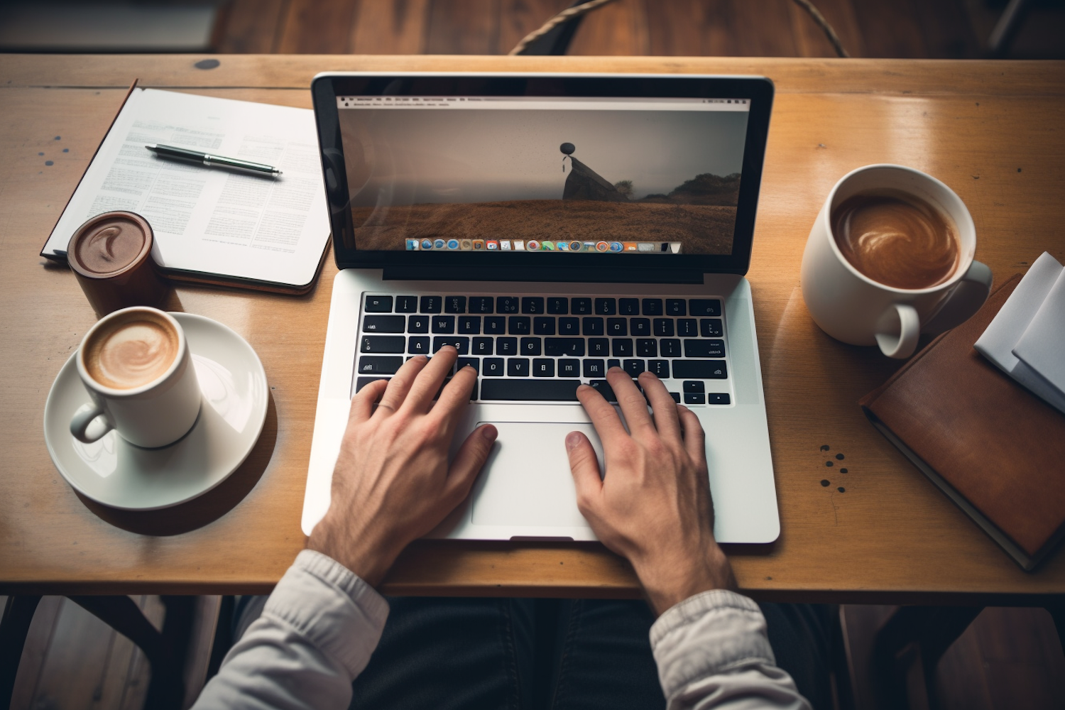 Engaged Professional at a Coffee-Strewn Workstation