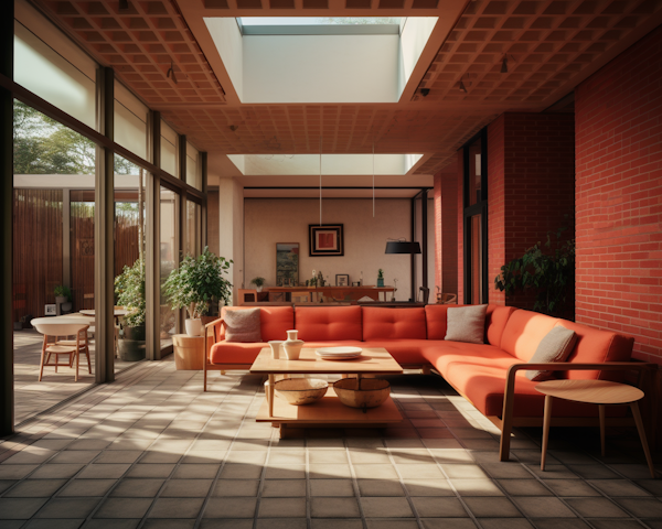 Sunny Modern Living Room with L-Shaped Orange Sofa