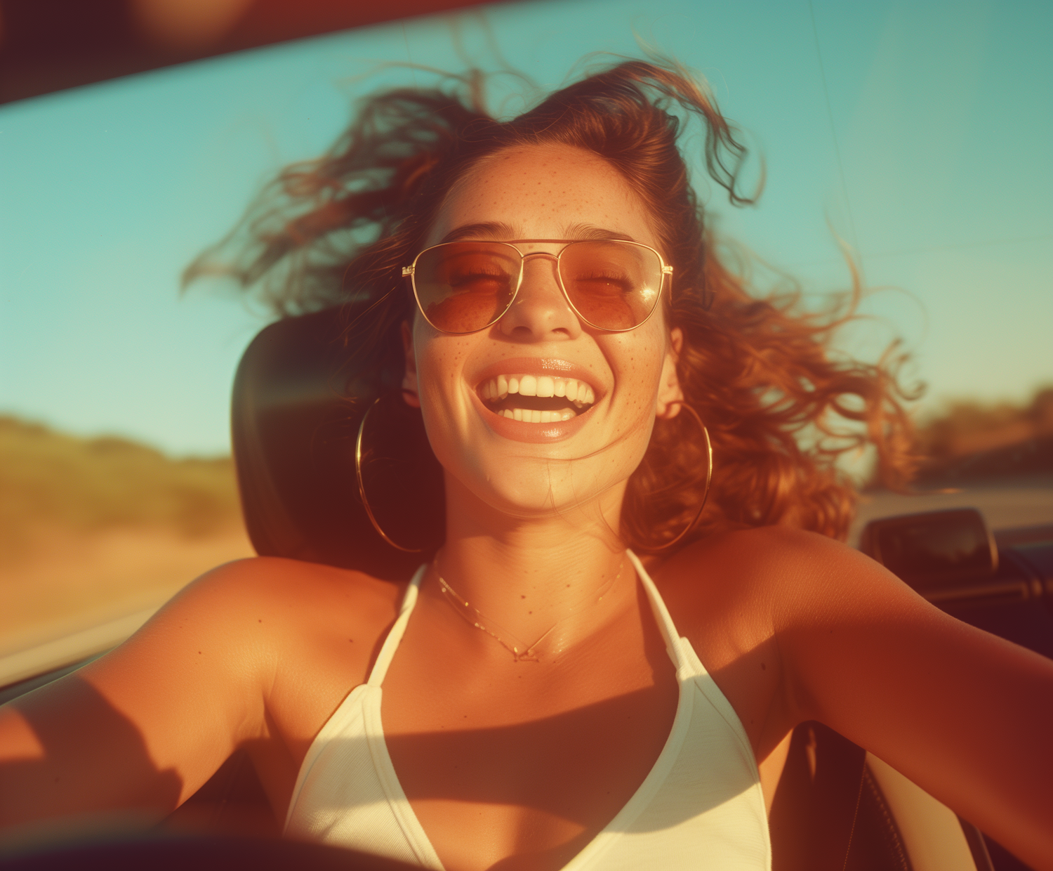 Joyful Woman in Moving Car