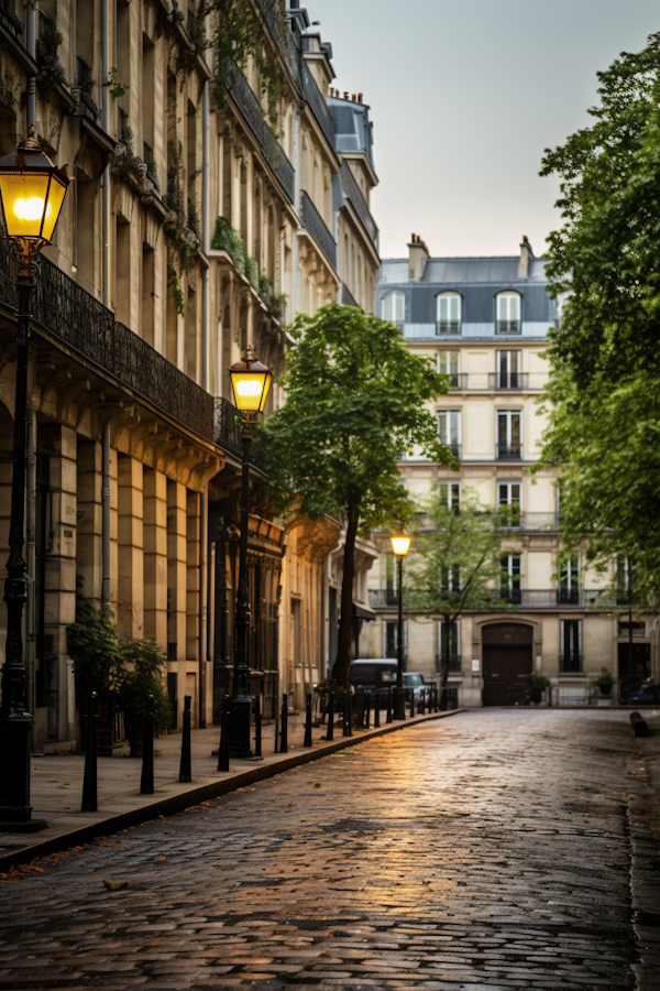 Early Morning Glow on a Rain-Kissed European Cobblestone Street