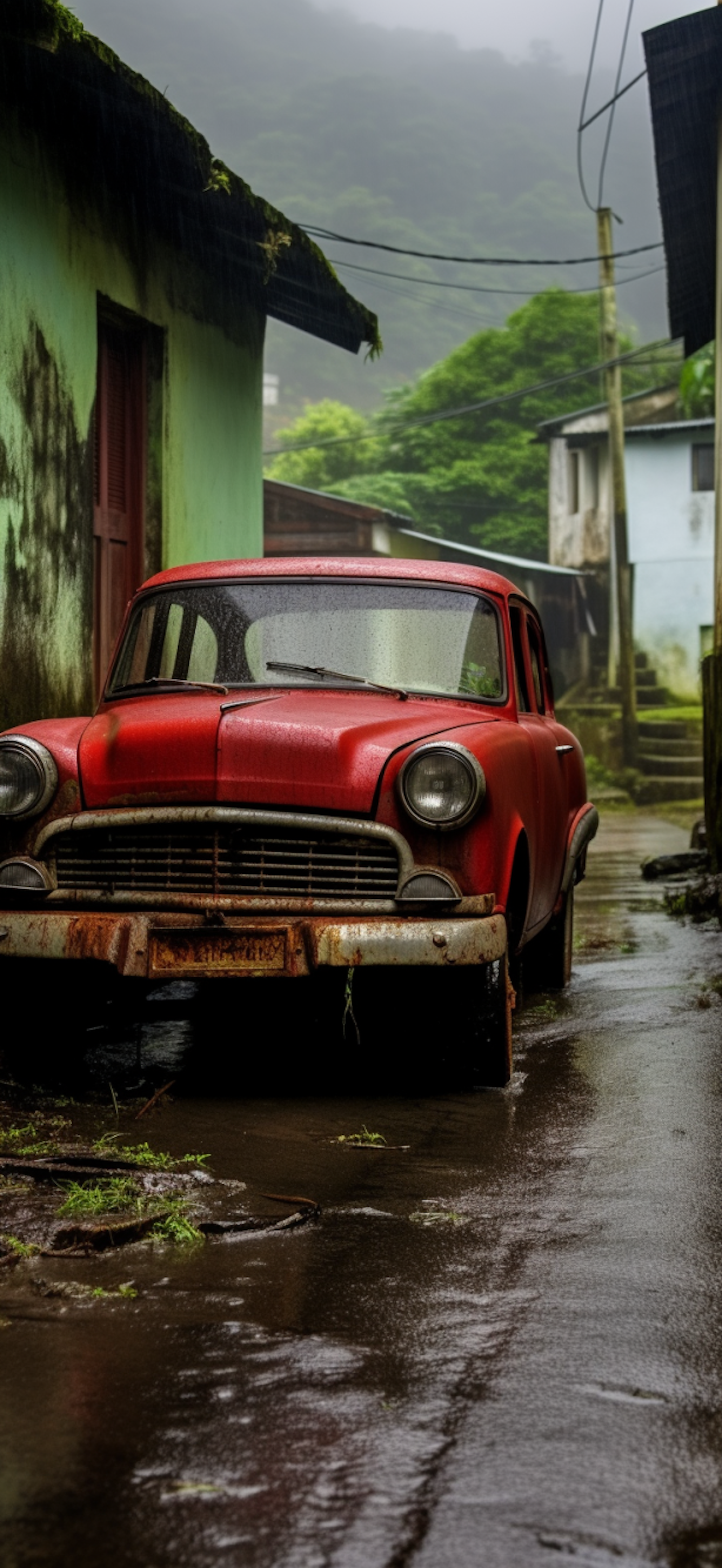 Time-Worn Red Relic on a Reflective Rainy Road